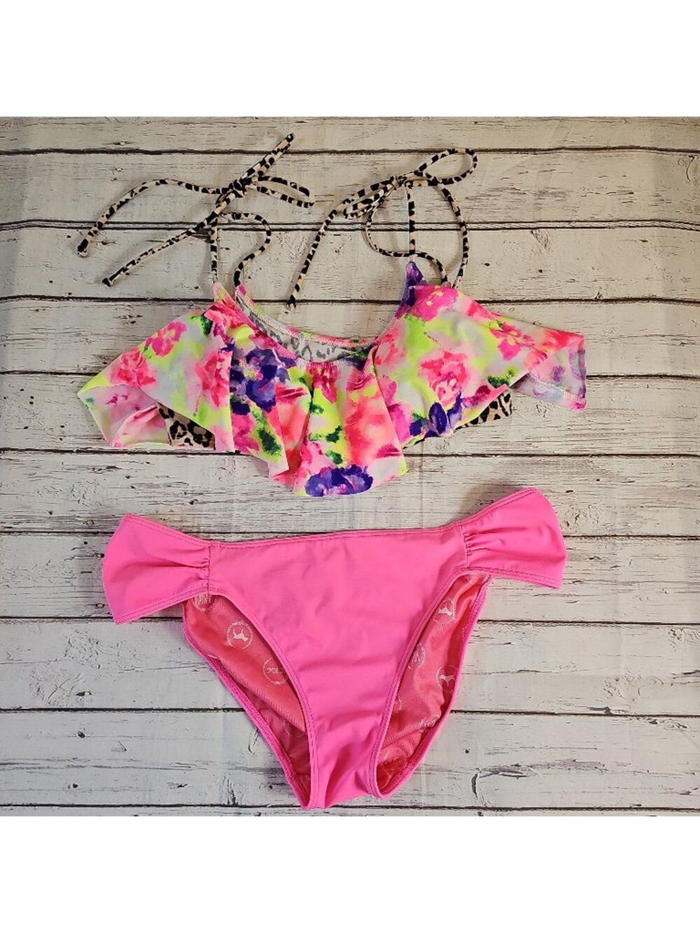 Victoria’s Secret/PINK Bikini Flounce Ruffle Cheetah Print Floral Bathing Suit M
